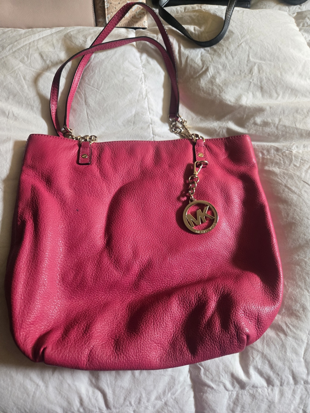 Michael Kors Hot Pink Leather Tote with Gold MK Charm